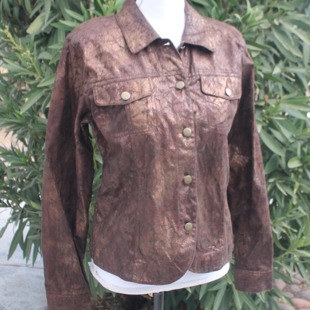 Bamboo Traders Bronze Jacket Size Small Faux Snake Skin Button Front Collar VTG